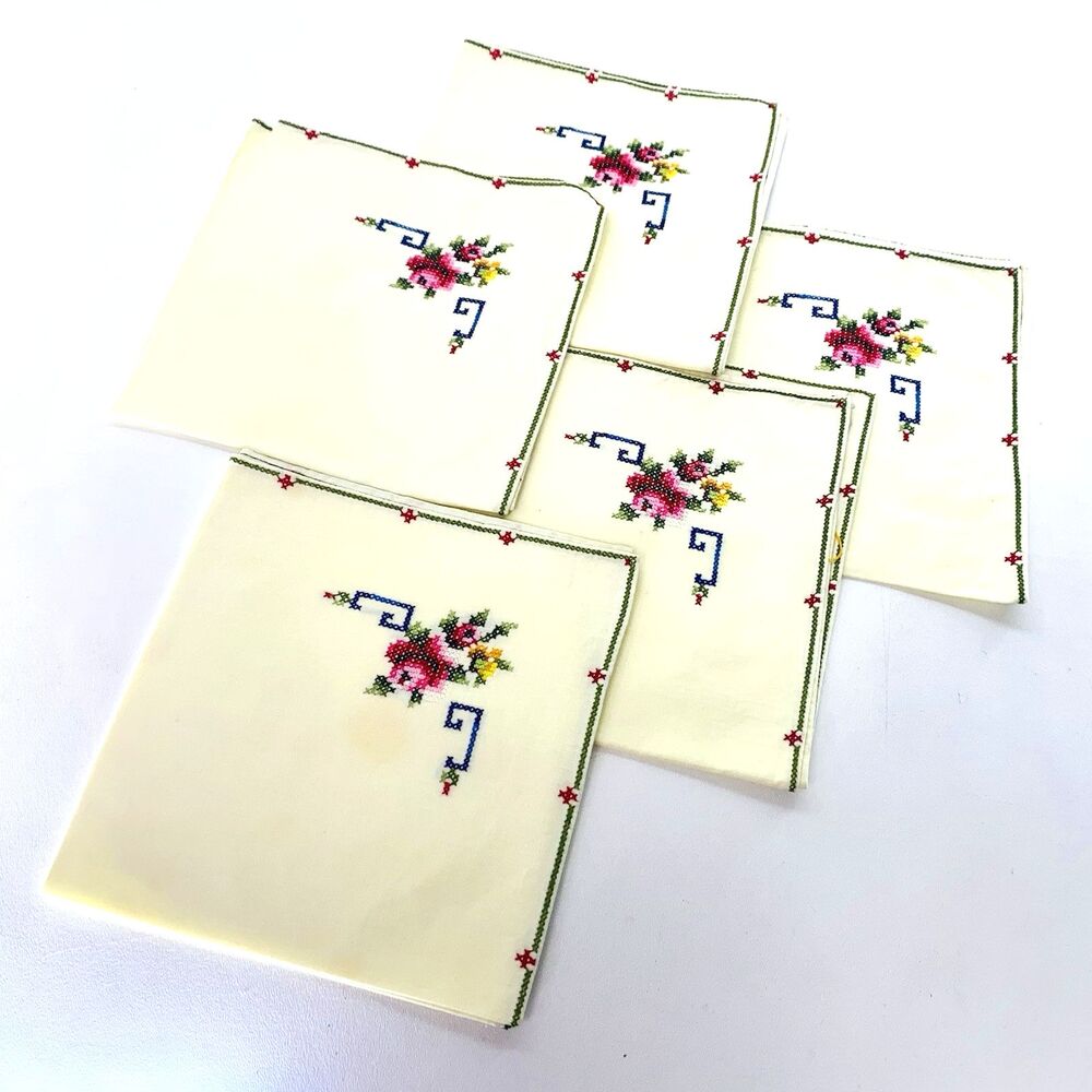 Vintage Cross-Stitch Embroidery Floral Table Light Yellow Napkins Set of 5